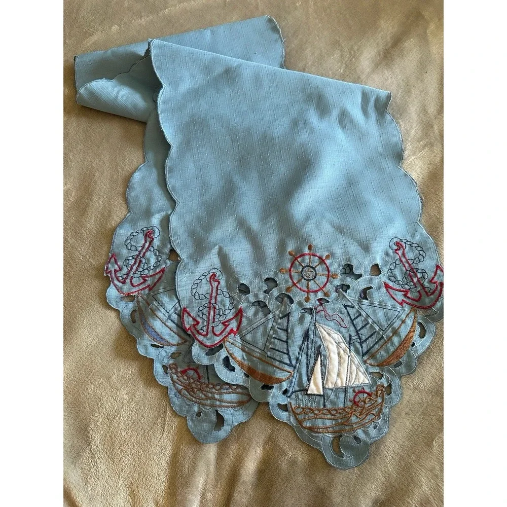 Nautical Themed Embroidered Table runner Topper Cutwork Coastal Sailboats